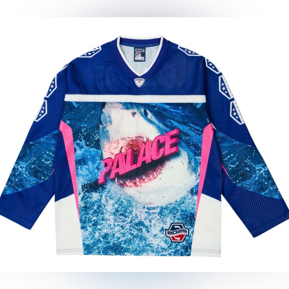 PALACE Blue and Pink No Bitin’ Shark Graphic Hockey Jersey
